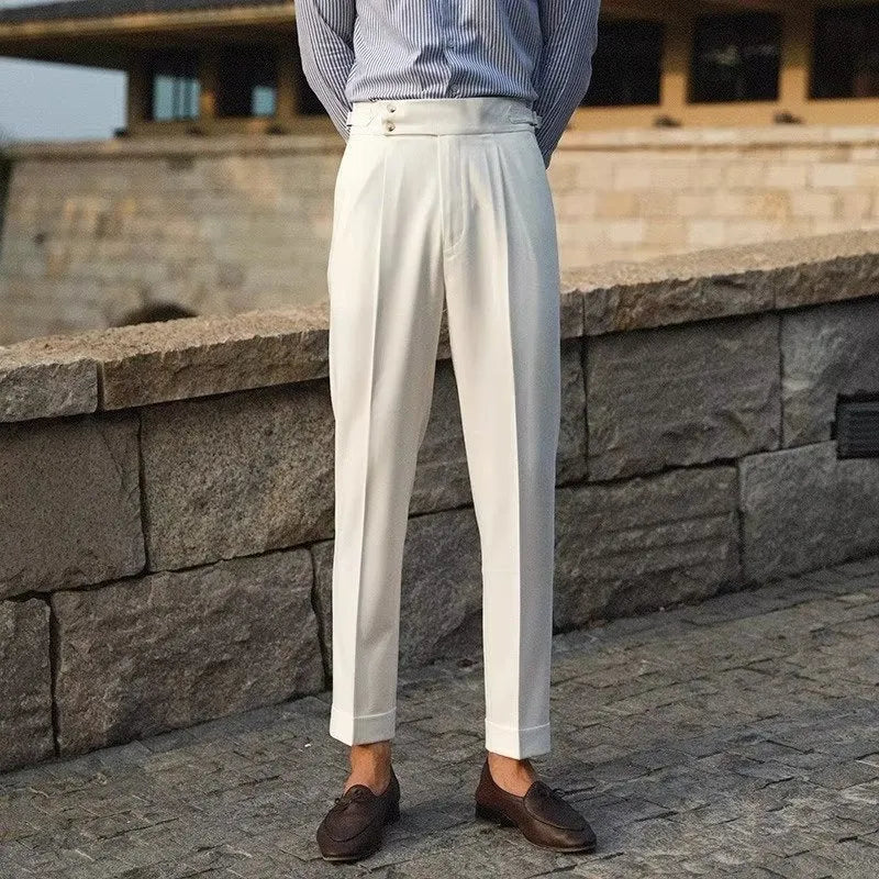 Men's slim fit straight leg suit trousers in apricot, black, or white for business formal wear.