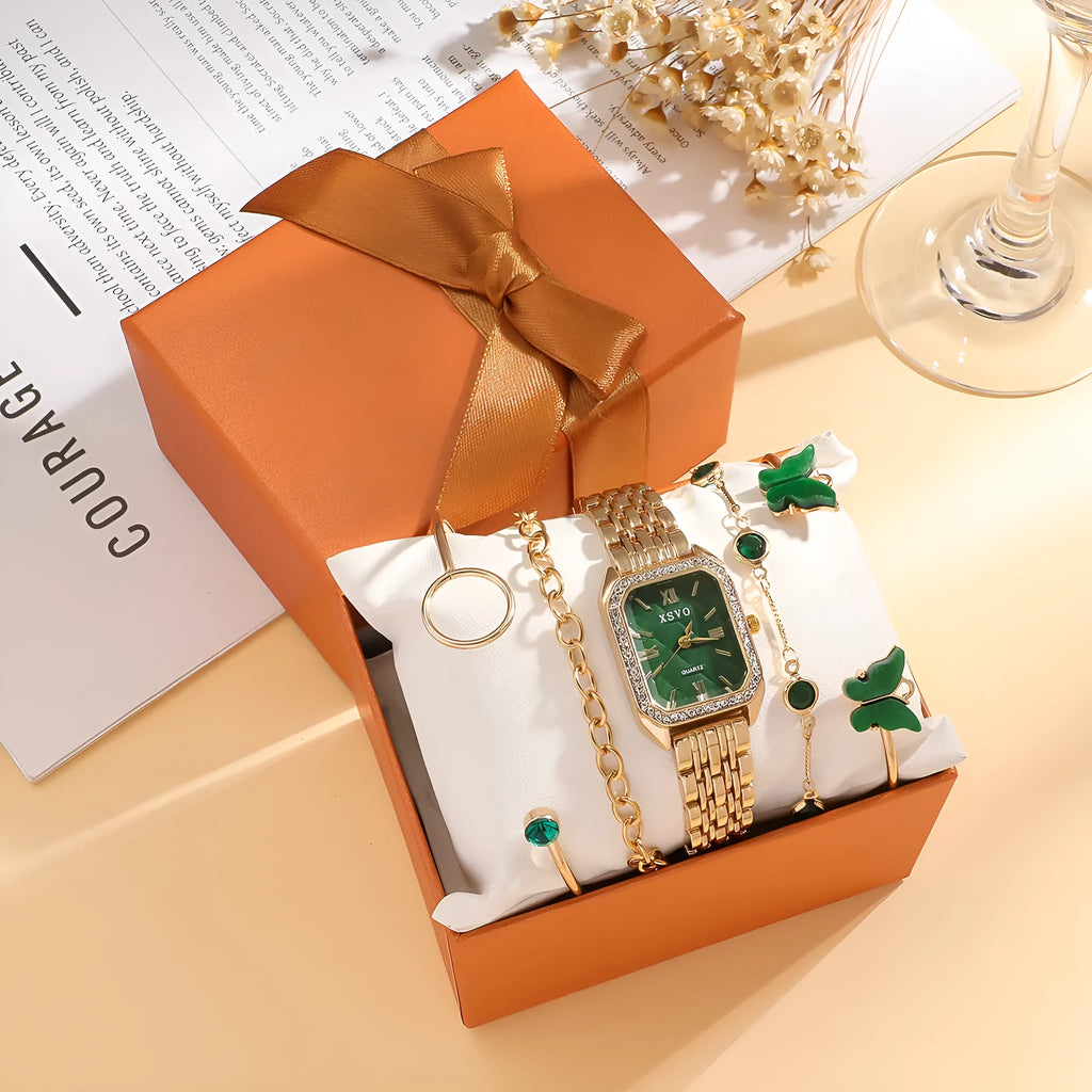 Gold green square women's watch and four matching butterfly bracelets from a five-piece fashion jewellery set.