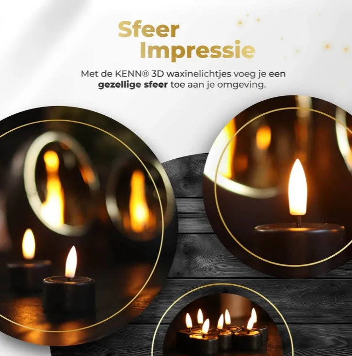 Four black LED tealight candles showing dimensions and S10 rating for safe flameless use.