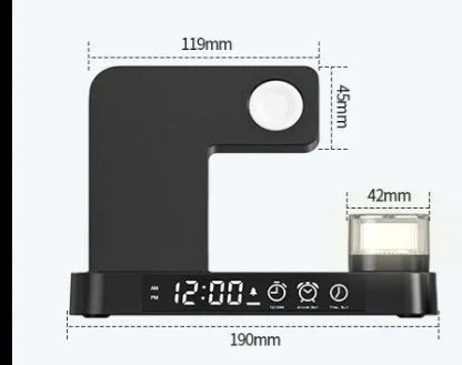 White 4-in-1 foldable wireless charging station showing phone on stand, Apple Watch dock, and glowing RGB night light.
