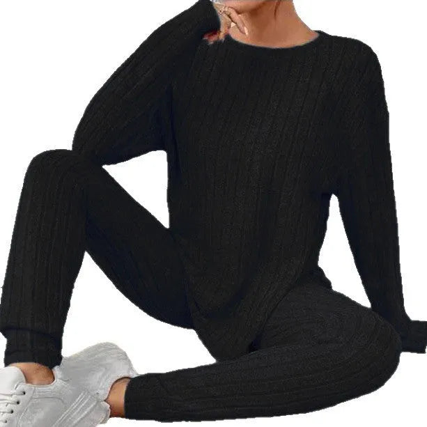 Sunken stripe black and blue polyester two-piece homewear set with regular sleeves