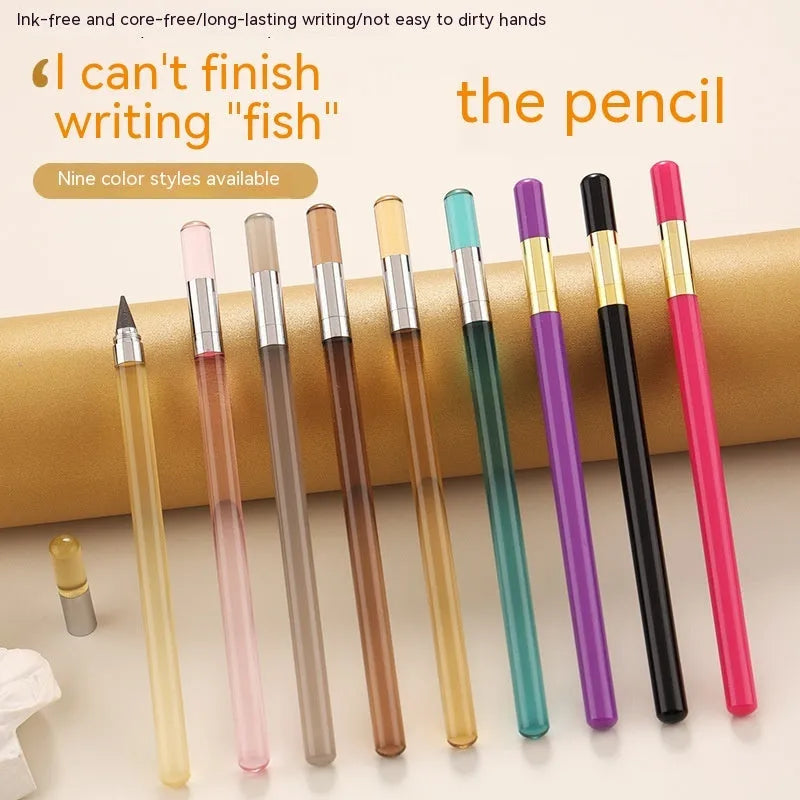 Transparent acrylic mechanical pencil with alloy nib, shown with coloured refill leads.