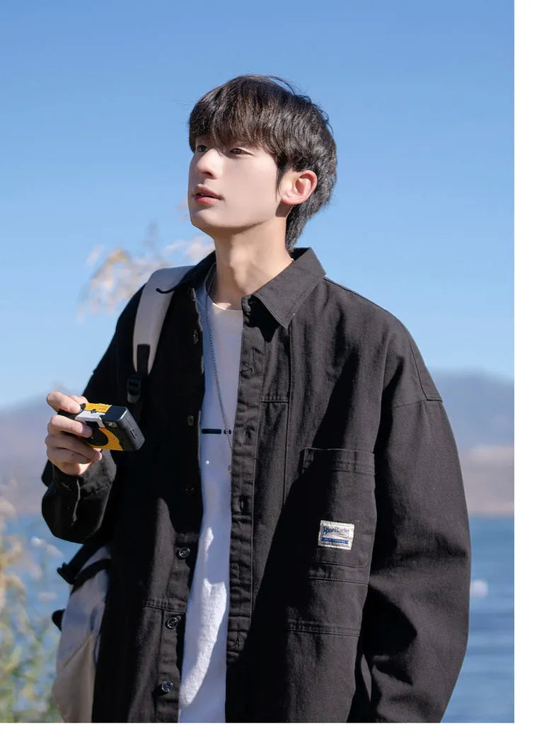 Men's cotton work shirt jacket in black, loose fit cardigan style with square collar