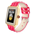 Women's smart bracelet with leather strap showing step count on 1.65-inch screen