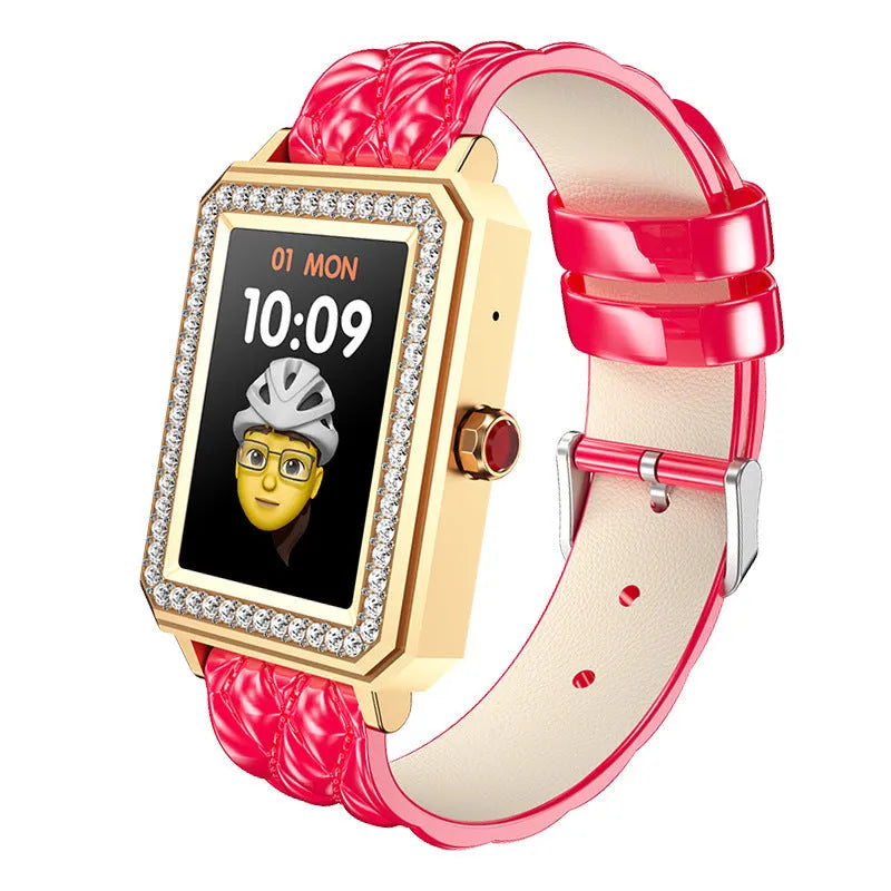 Women's smart bracelet with leather strap showing step count on 1.65-inch screen