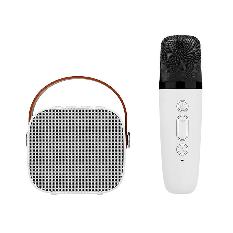 Compact blue, pink, or white wireless Bluetooth speaker with microphone and USB port.