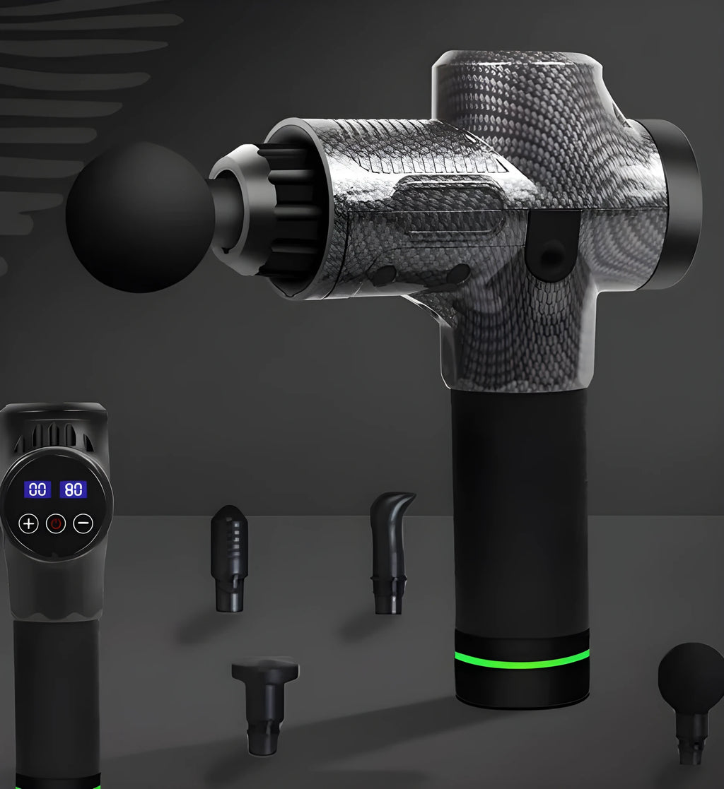 Black electric muscle massage gun with set of seven different interchangeable head attachments on a grey background