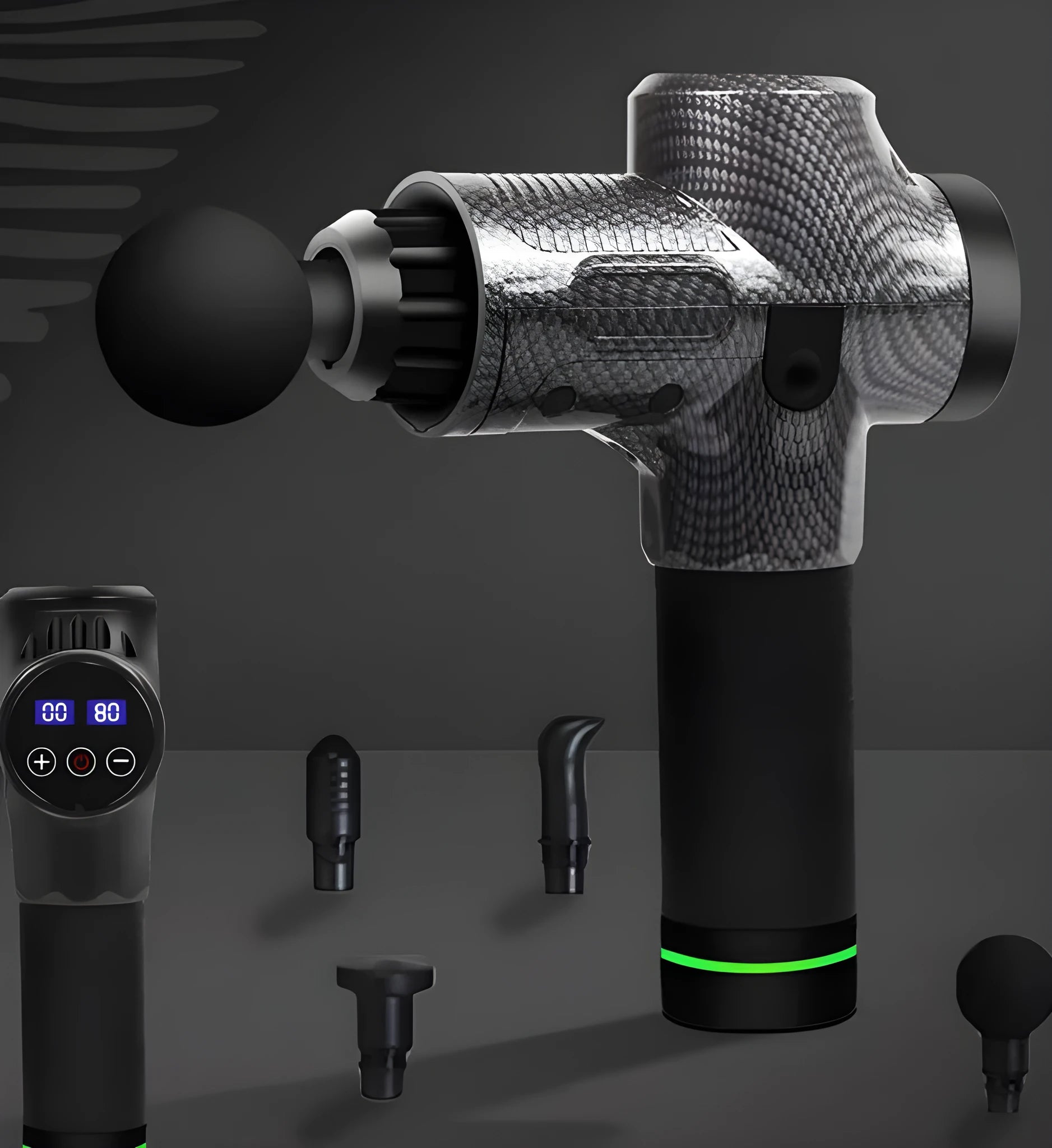 Black electric muscle massage gun with set of seven different interchangeable head attachments on a grey background