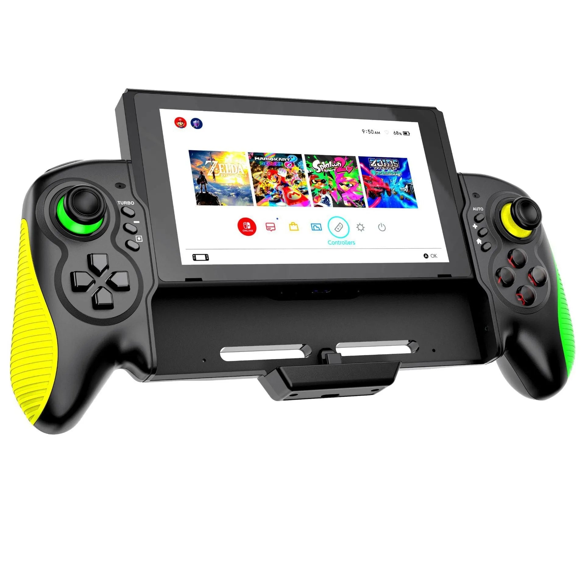 Yellow-green gaming controller for Nintendo Switch and PC with in-line handles