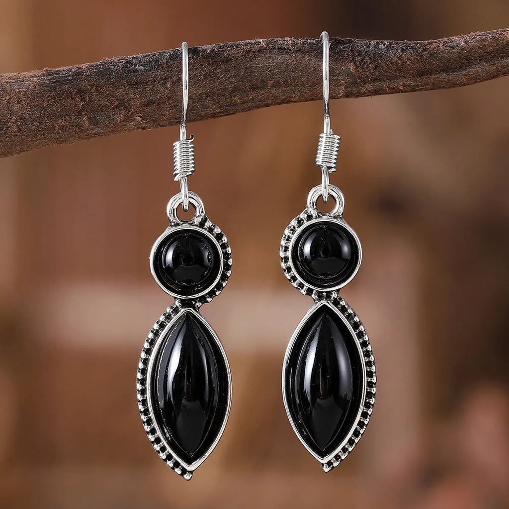 Vintage geometric earrings with black and purple pendants, zinc alloy bohemian jewellery for women