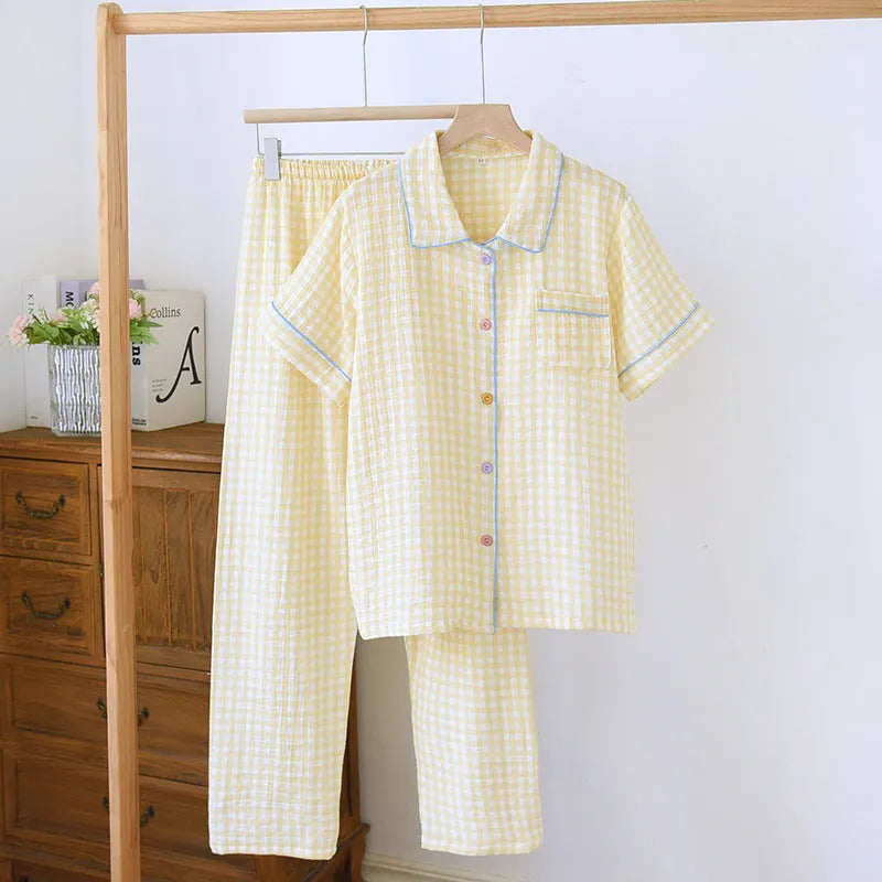 Women's washed cotton double-layer gauze short-sleeved trouser set in floral or plaid pattern