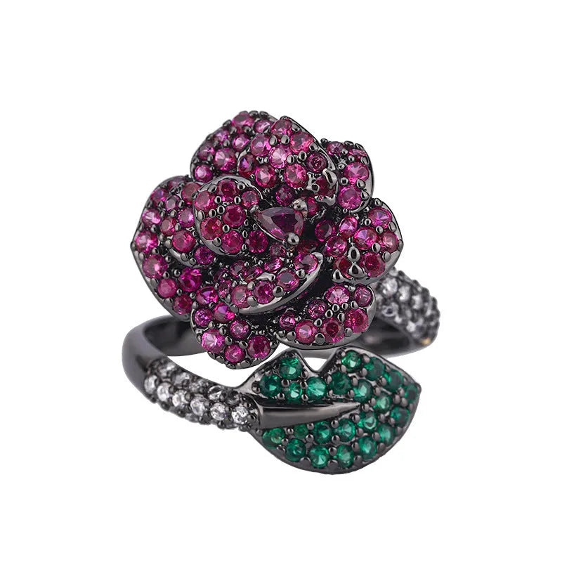 Geometric black gold ring with gold-plated red corundum centrepiece for women
