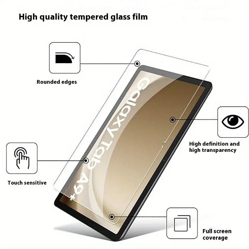 Tempered glass screen protector for Samsung Galaxy tablets on a leather pouch