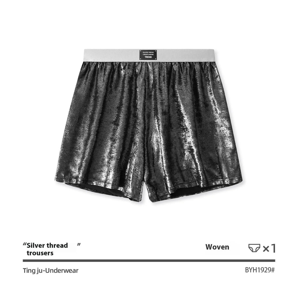 Galaxy brand men's reflective silver loose sports underwear on a mid-waist model.