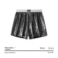 Galaxy brand men's reflective silver loose sports underwear on a mid-waist model.