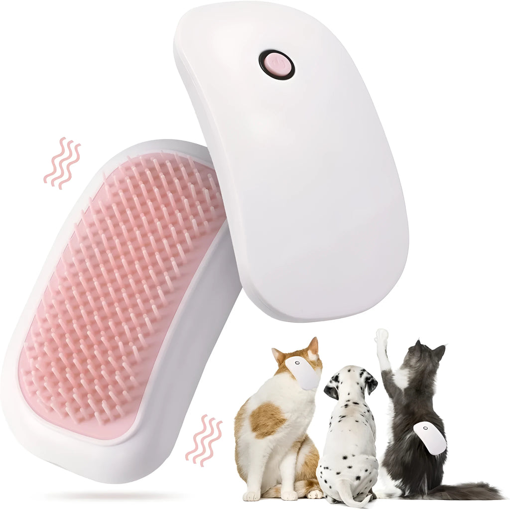 Light pink handheld electric pet massage brush with soft TPE teeth on a white background.