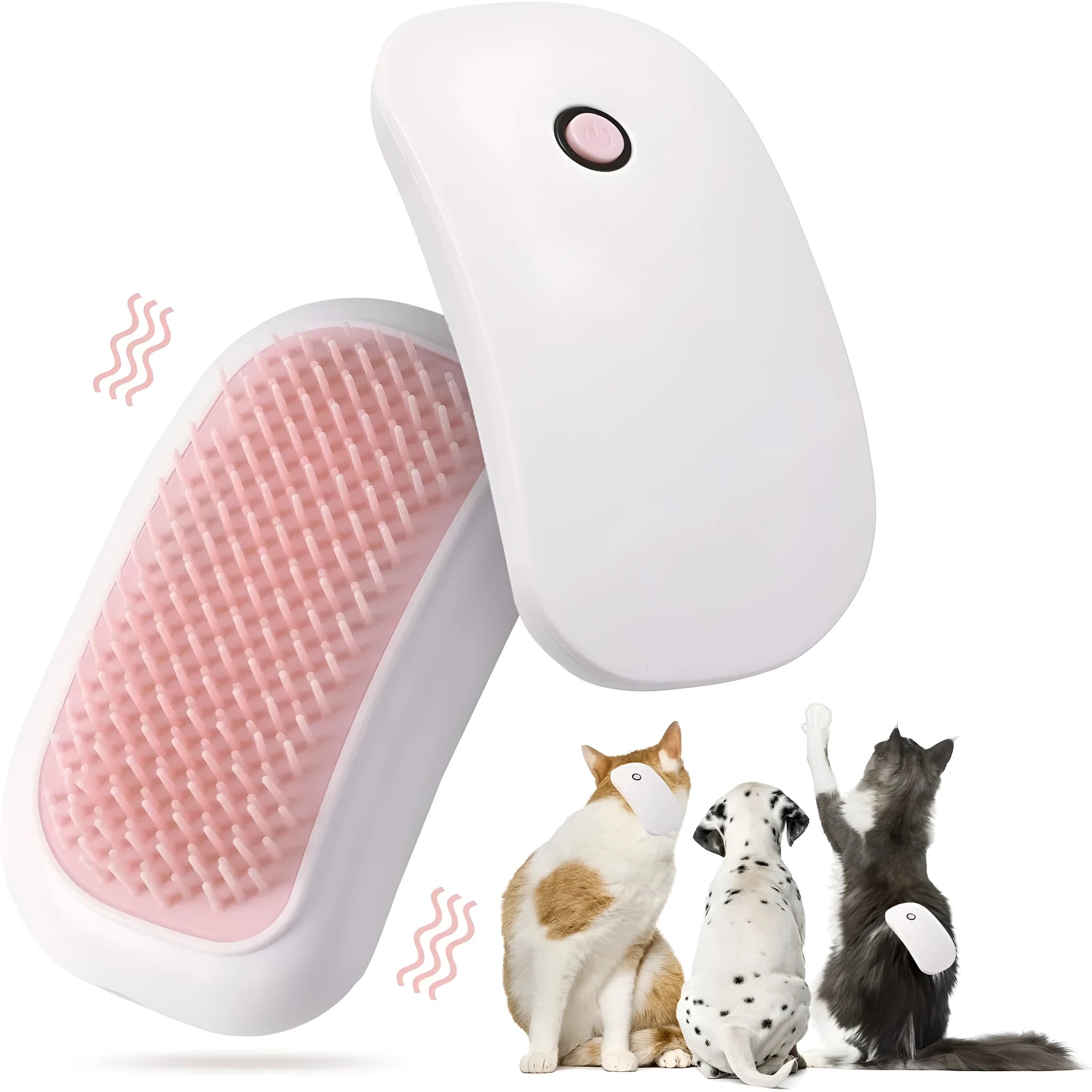 Light pink handheld electric pet massage brush with soft TPE teeth on a white background.