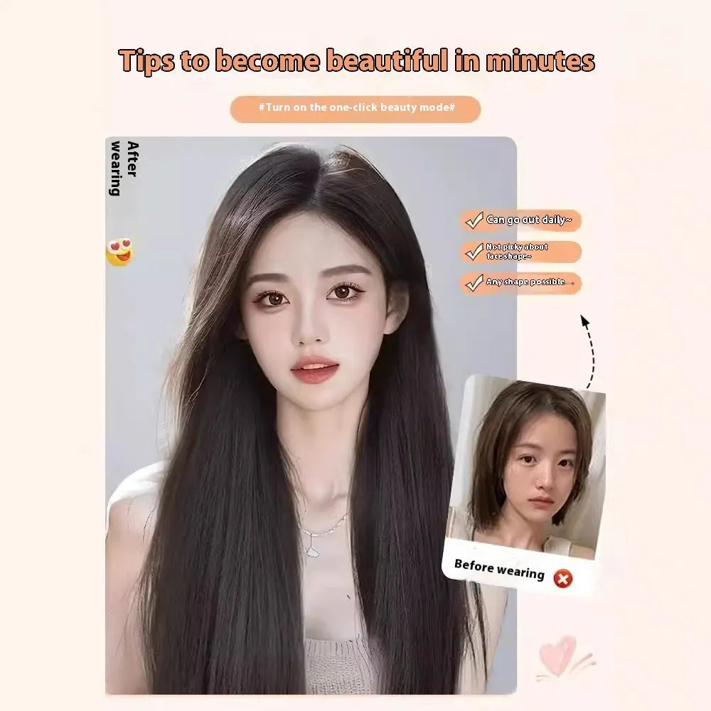 Forehead lace long straight full-head wig in dark brown with side bangs styling