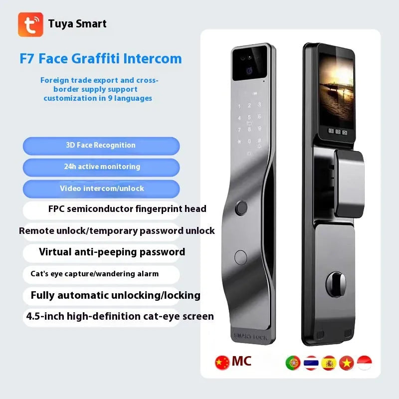 Face recognition fingerprint password smart door lock with aluminium alloy body and USB-C charging port