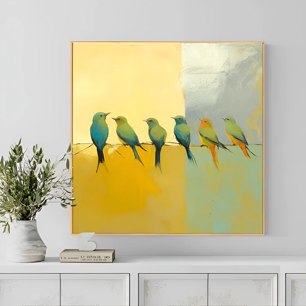 Hand-painted abstract oil painting of birds on a silver yellow background, square canvas unframed