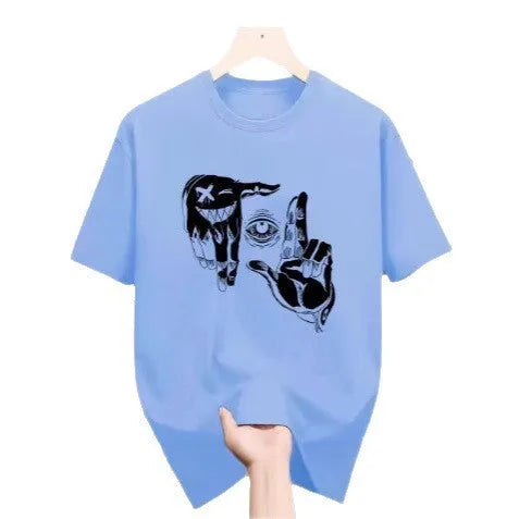 Men's grey bird eye mesh T-shirt with a cartoon digital print, showing round neck and short sleeves.