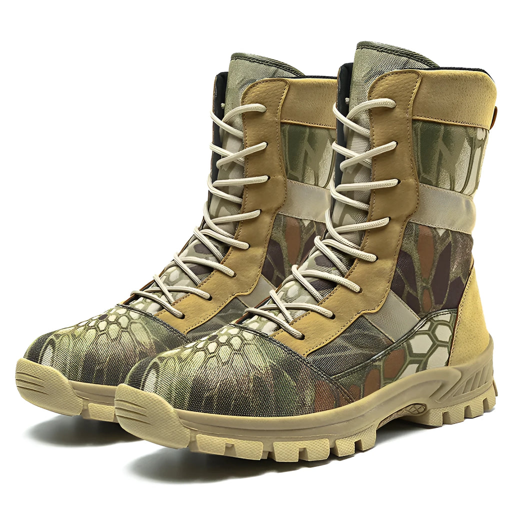 Men's black and camouflage high-top mesh Martin boots on a white background.