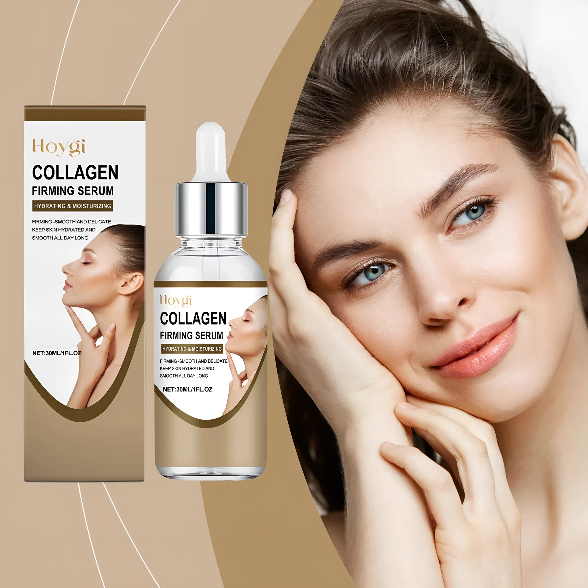 30ml collagen firming care solution bottle measuring 2.8x2.8x10.3cm with hyaluronic acid formula