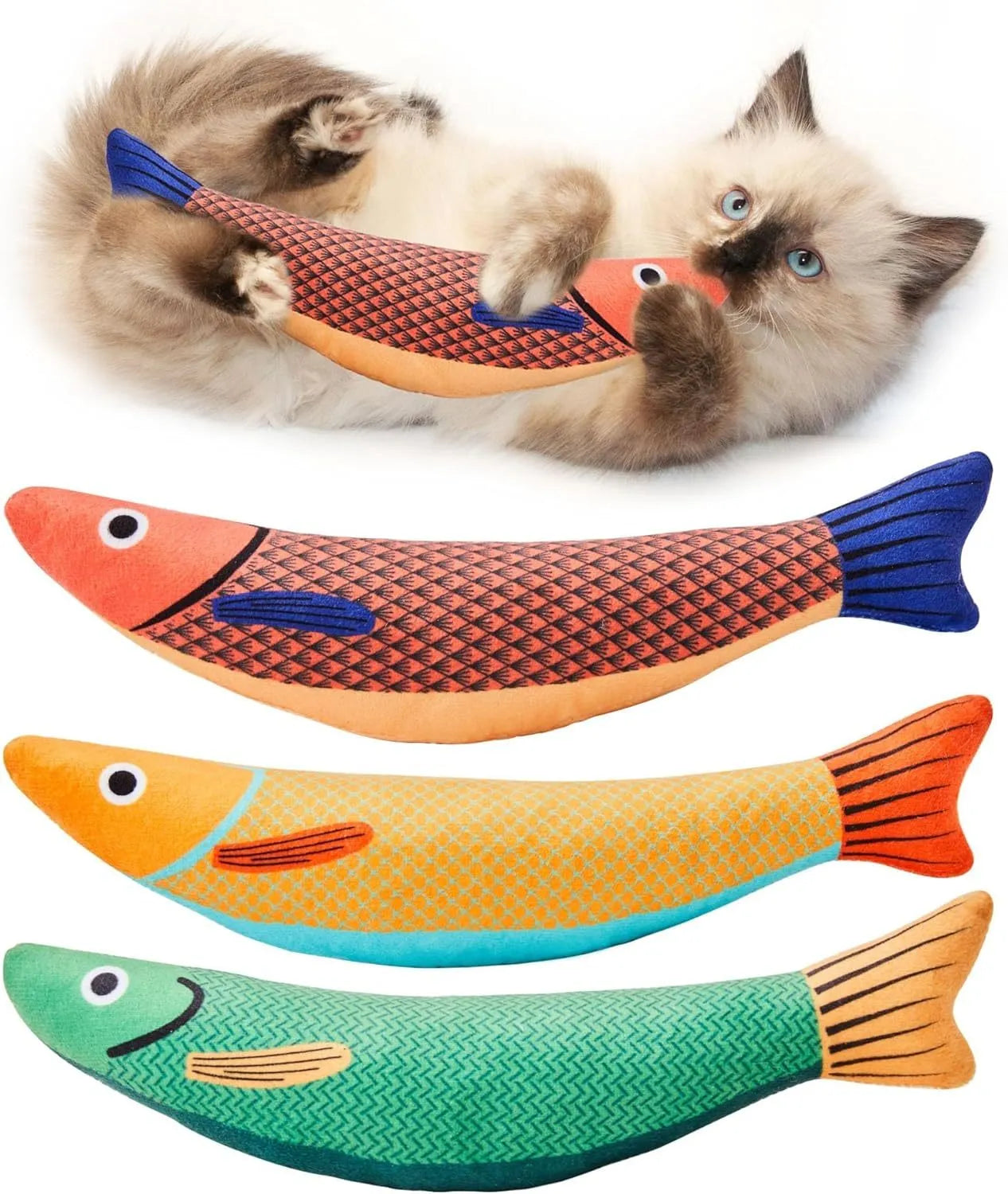 Soft plush catnip fish kicker toy in green colour with organic filling and crinkle sound elements