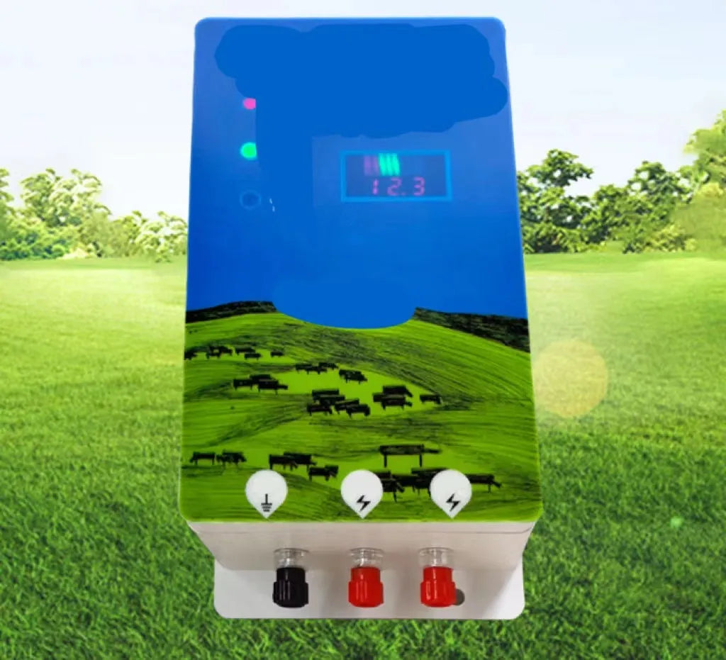 Pasture electric fence energiser controller unit with solar panel, charger, and testing ear clips