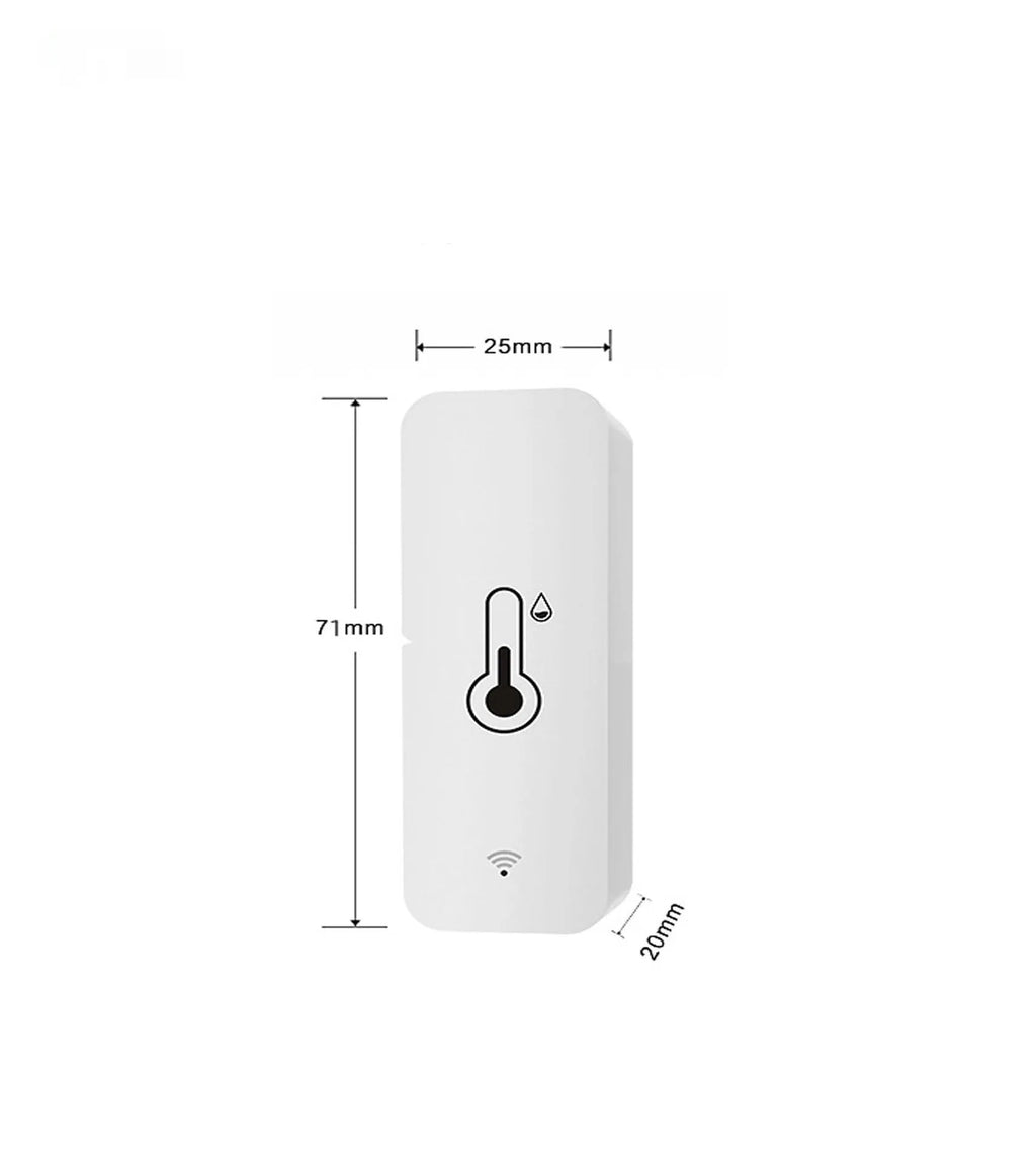 Compact white WiFi temperature and humidity sensor with digital display on ABS plastic case.