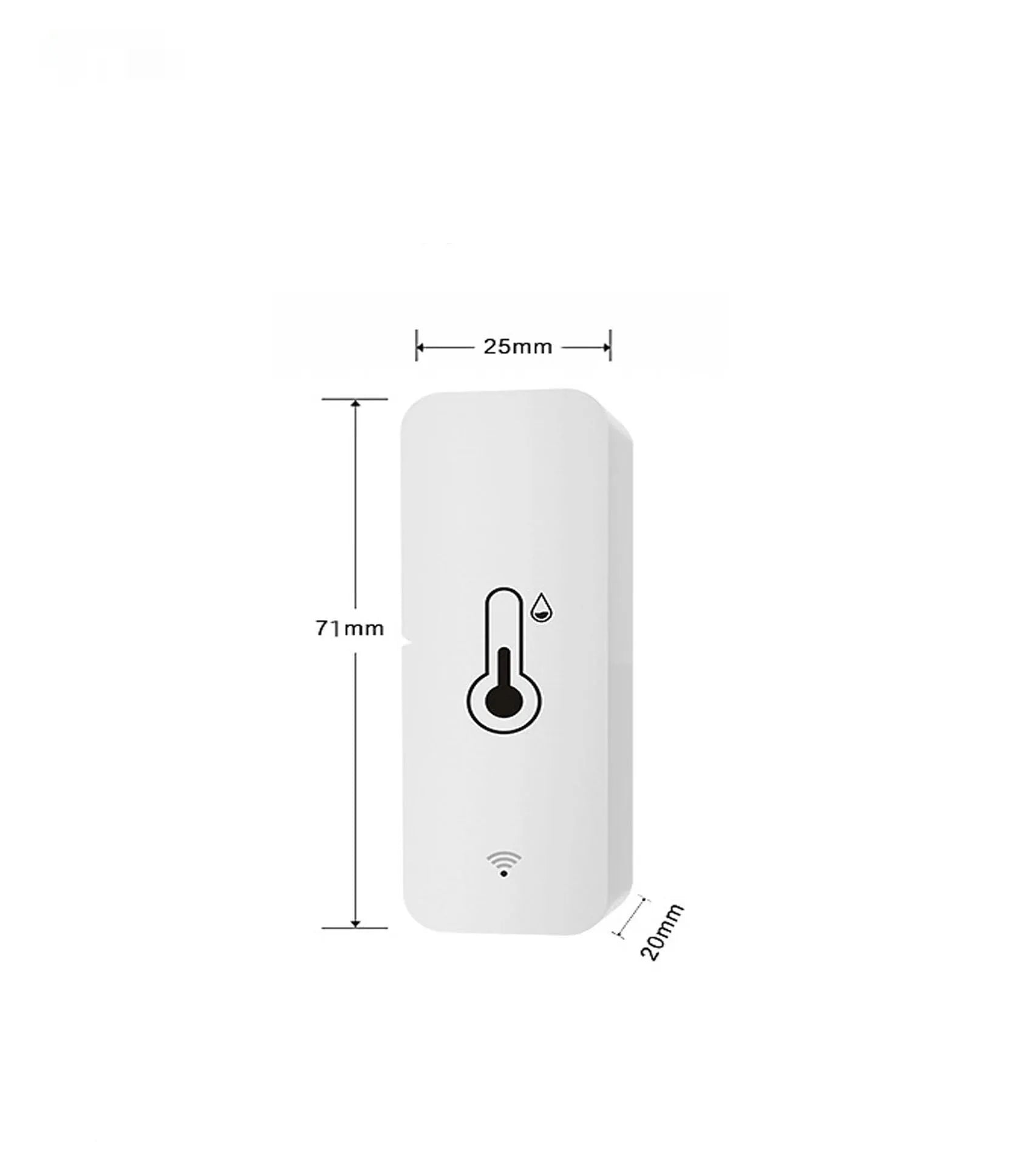 Compact white WiFi temperature and humidity sensor with digital display on ABS plastic case.
