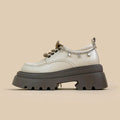 British style white platform leather shoes with chunky heel and front lace-up closure