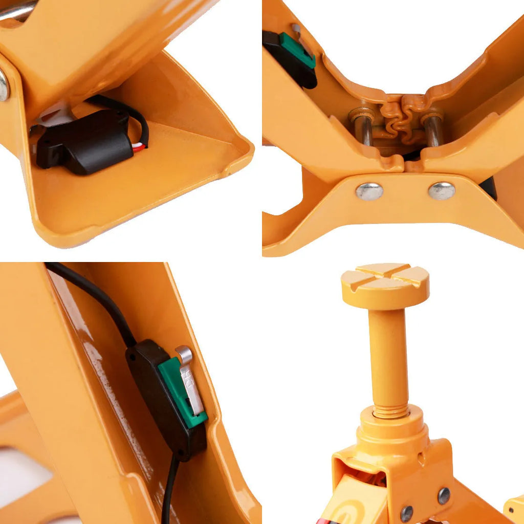 Yellow steel electric car jack and wrench set on a garage floor