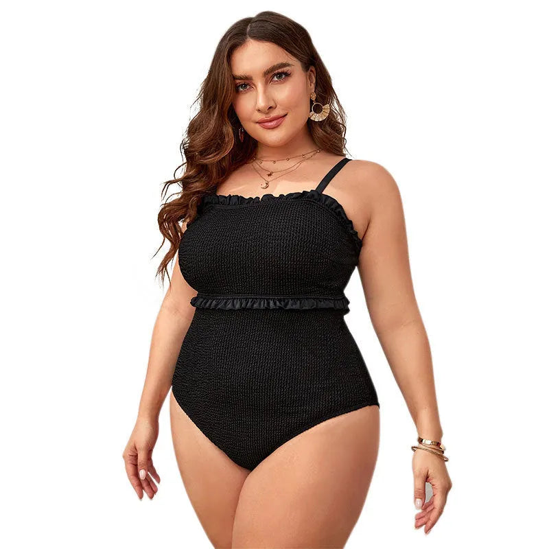Black plus size women's bikini swimsuit with double shoulder straps and belly cover design