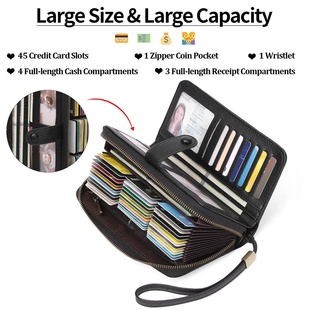 Women's expanding card holder long wallet in multiple colour options showing passport compartment and card slots