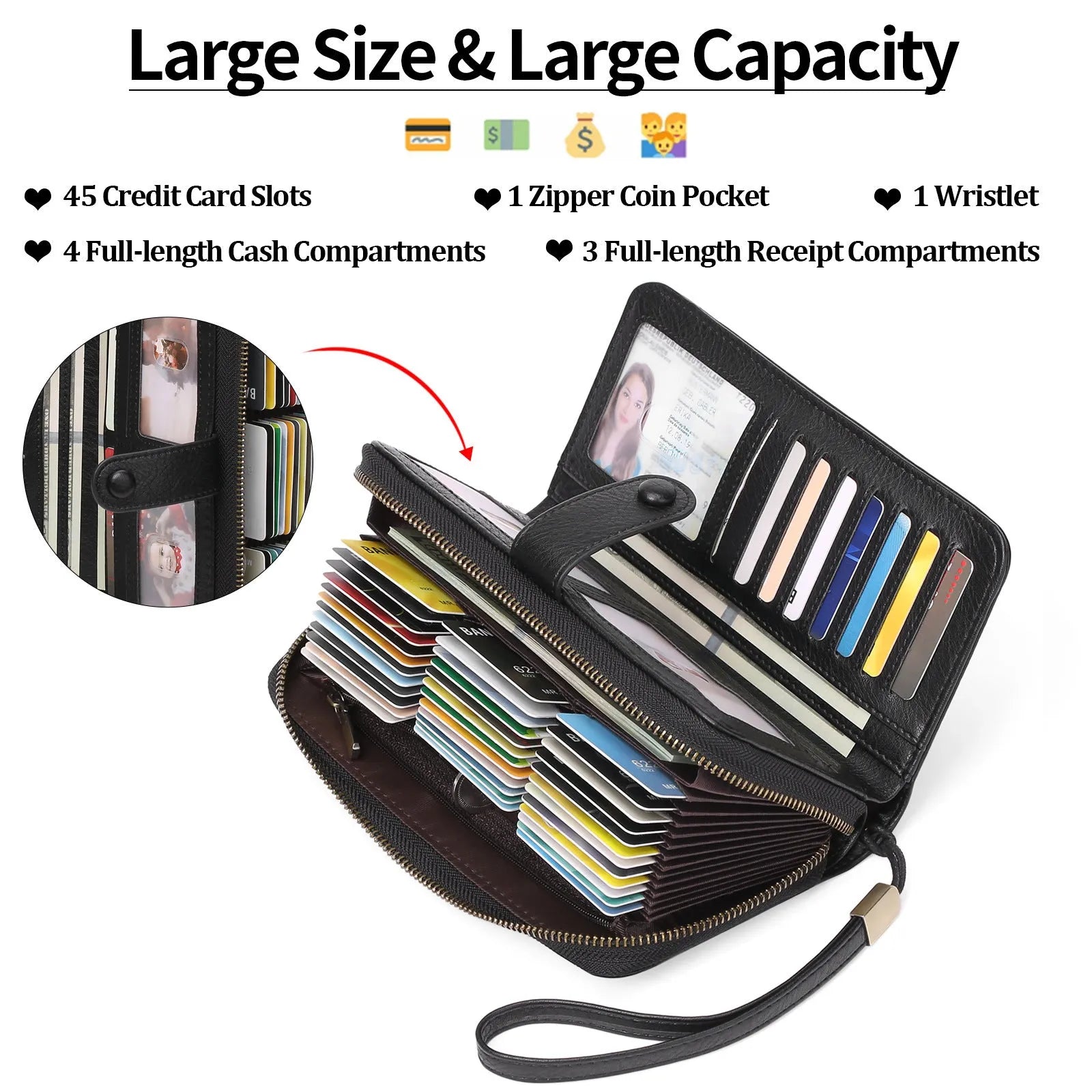 Women's expanding card holder long wallet in multiple colour options showing passport compartment and card slots