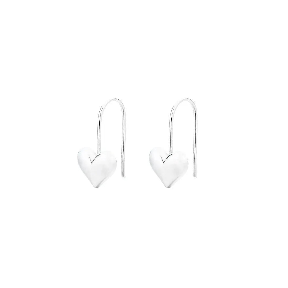 Korean-style copper heart earrings with 3D glossy finish and silver heart-shaped ear hooks