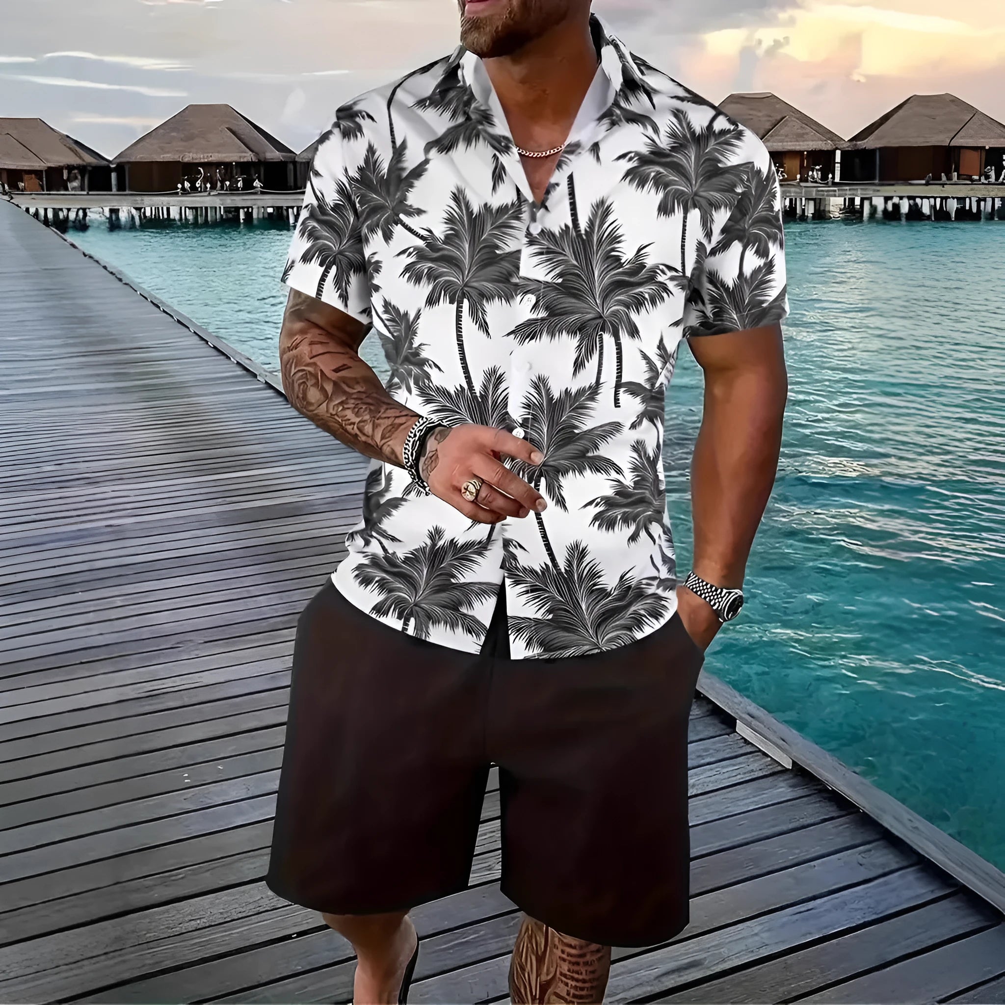 Men's 3D printed Hawaiian pattern short sleeve shirt and matching shorts casual suit set.