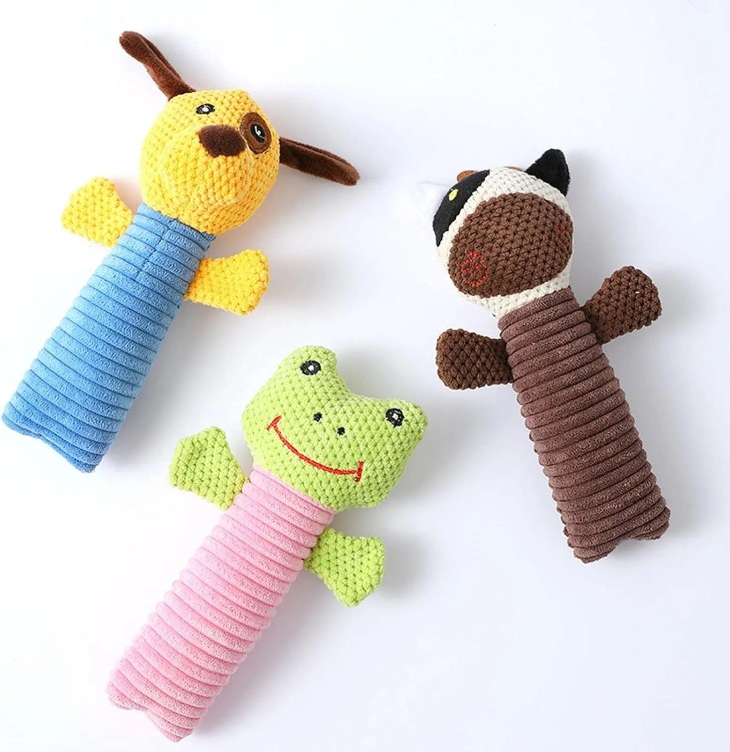 Squeaky dog chew toys in calf, frog and puppy shapes with dental cleaning features