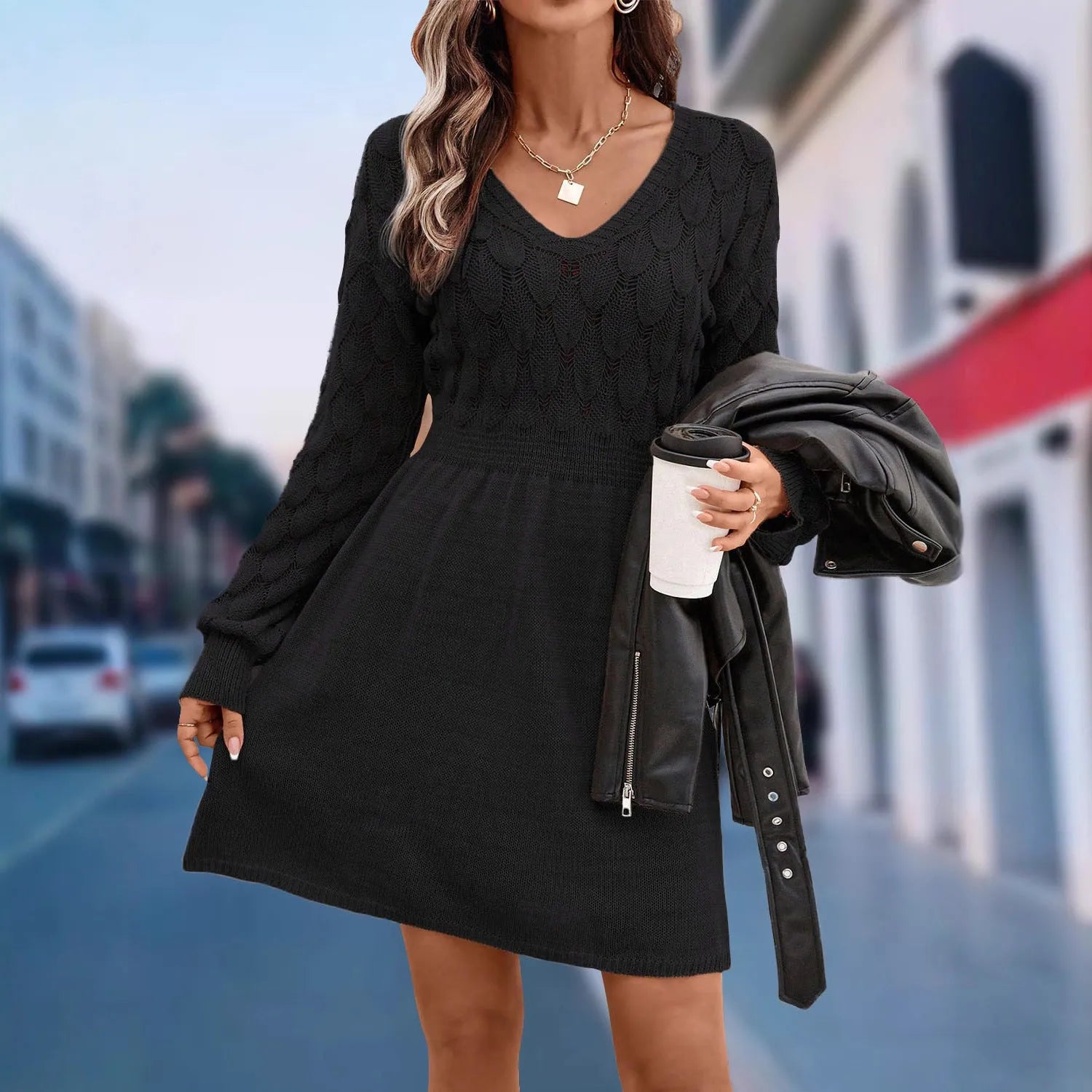 Artistic retro V-neck long sleeve beach dress with a 3D pattern on a midi skirt.