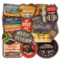 Set of 36 large retro beach theme vinyl stickers with surfing and travel designs on a white background.
