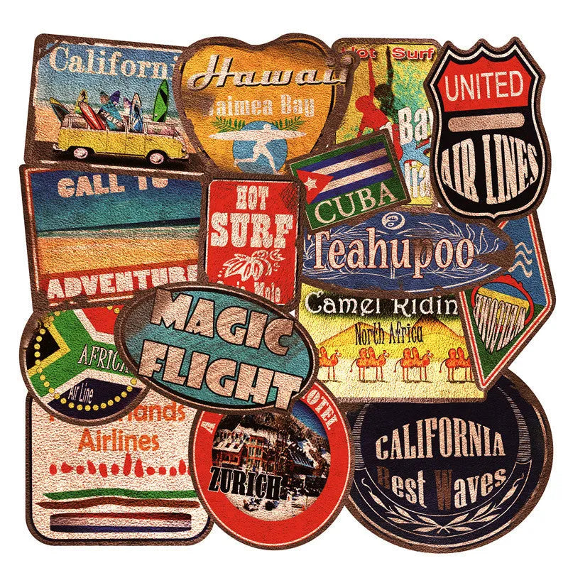 Set of 36 large retro beach theme vinyl stickers with surfing and travel designs on a white background.