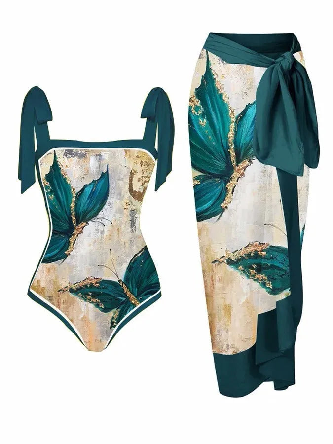 Women's two-piece floral printed swimsuit with matching chiffon-style hip skirt for modest swimming coverage