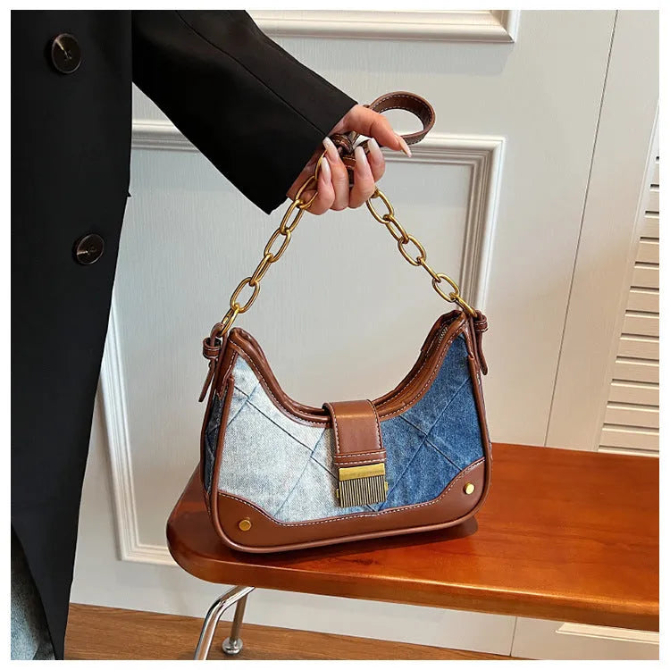 Brown denim women's shoulder bag with diamond mesh detail and double chain shoulder straps