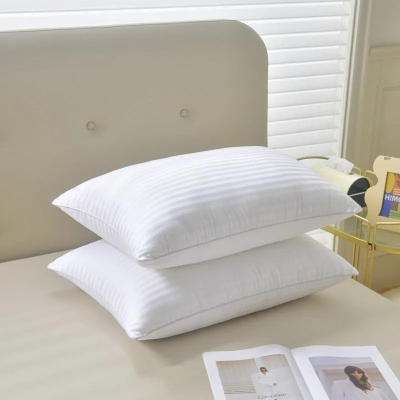 White cotton satin stripe pillow with feather cotton filling showing size options.