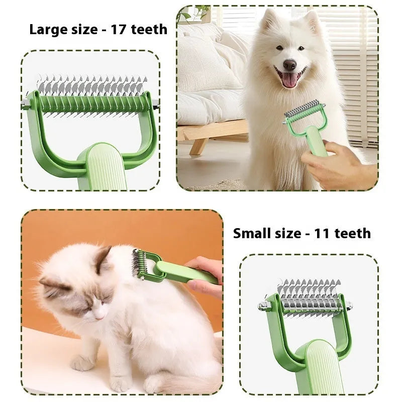 Green and grey dog grooming combs with stainless steel detangling teeth