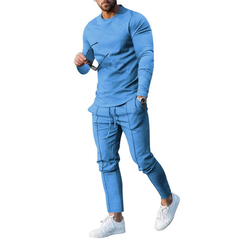 Men's light grey polyester two-piece casual suit with round neck long sleeve T-shirt and trousers
