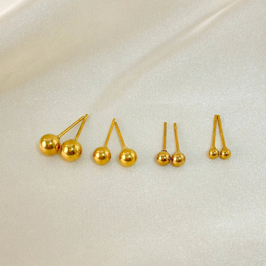 Titanium steel ball stud earrings with gold or silver electroplated finish in 3mm, 4mm, 5mm, 6mm sizes