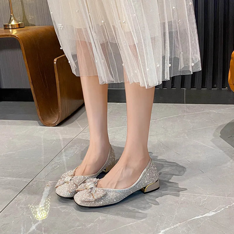 Dignified Rhinestone Bow Flat Temperament Leisure Shoes apricot satin low heel chunky rubber sole