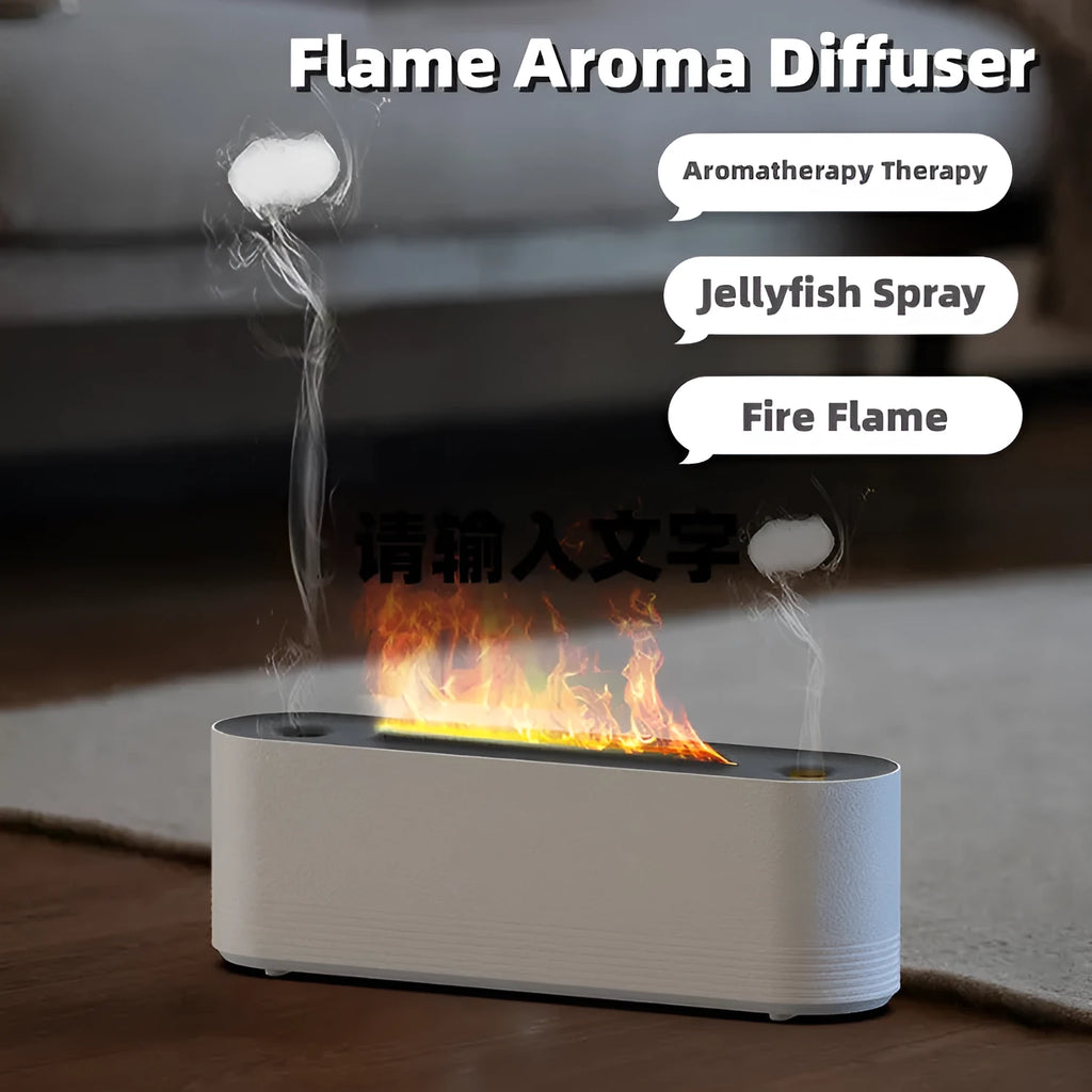 Black Flame Air ultrasonic humidifier diffuser emitting cool mist with a multi-colour LED flame light effect at its base.